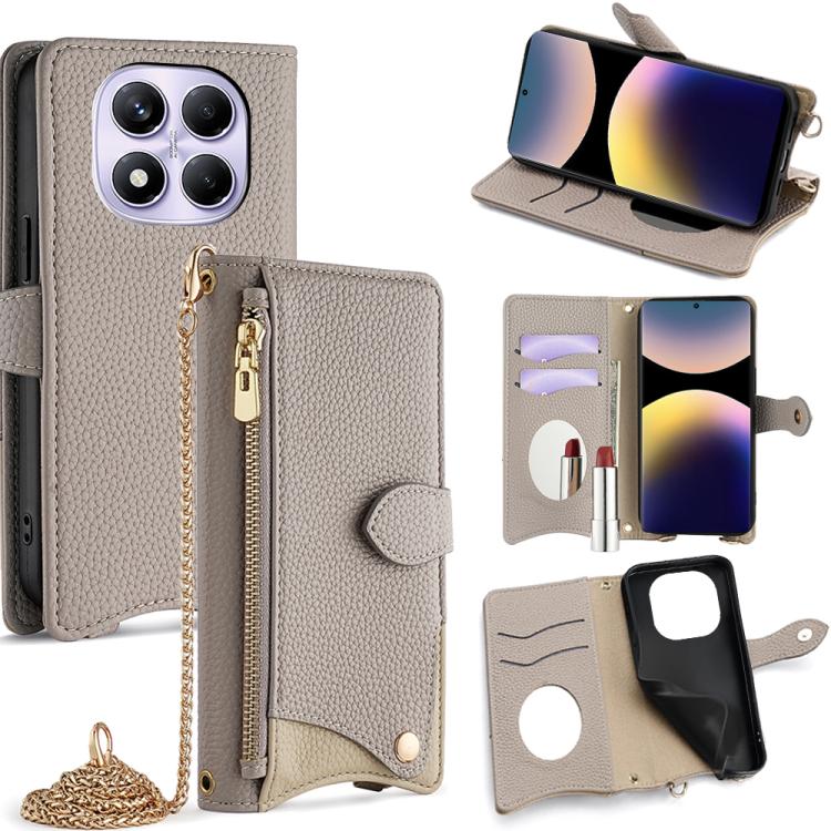 

For Redmi Note 14 Pro 4G Crossbody Chain Fishtail Litchi Leather Phone Case(Grey)
