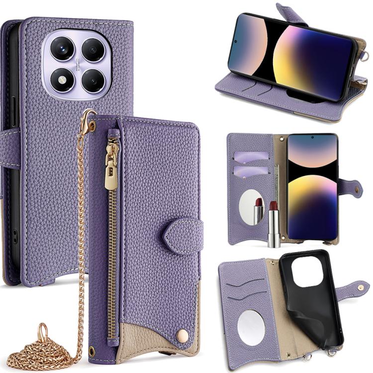 

For Redmi Note 14 Pro 4G Crossbody Chain Fishtail Litchi Leather Phone Case(Purple)