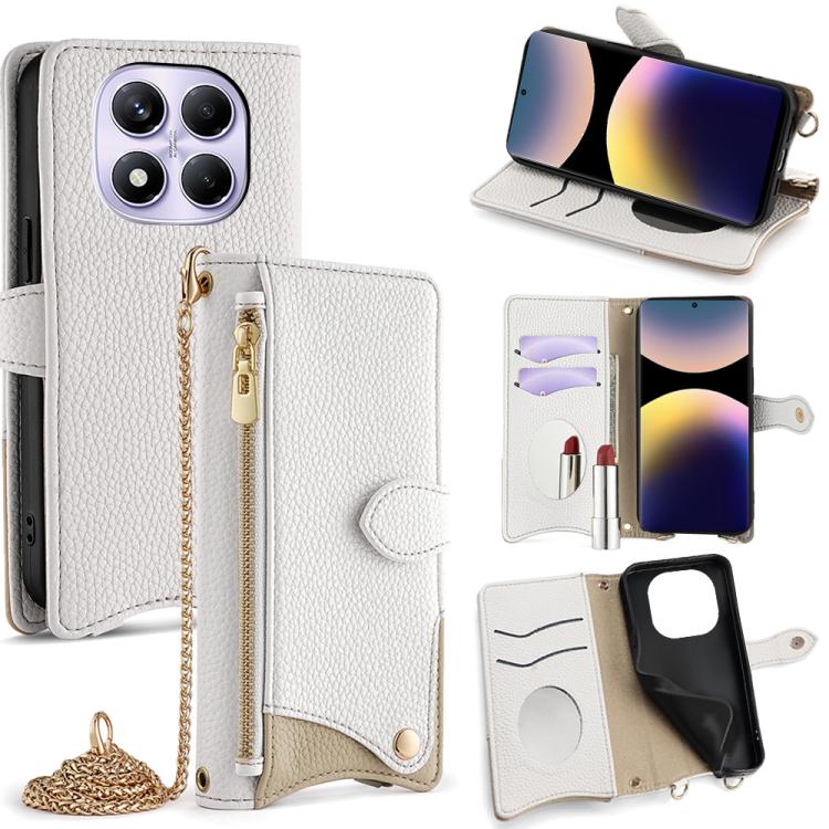 

For Redmi Note 14 Pro 4G Crossbody Chain Fishtail Litchi Leather Phone Case(White)