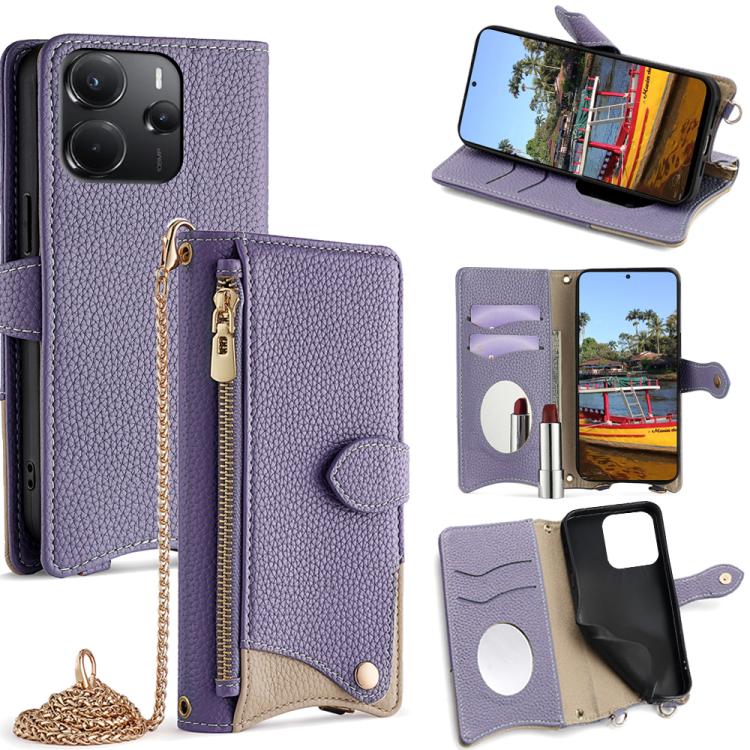 

For Redmi Note 14 4G 164.84mm Crossbody Chain Fishtail Litchi Leather Phone Case(Purple)