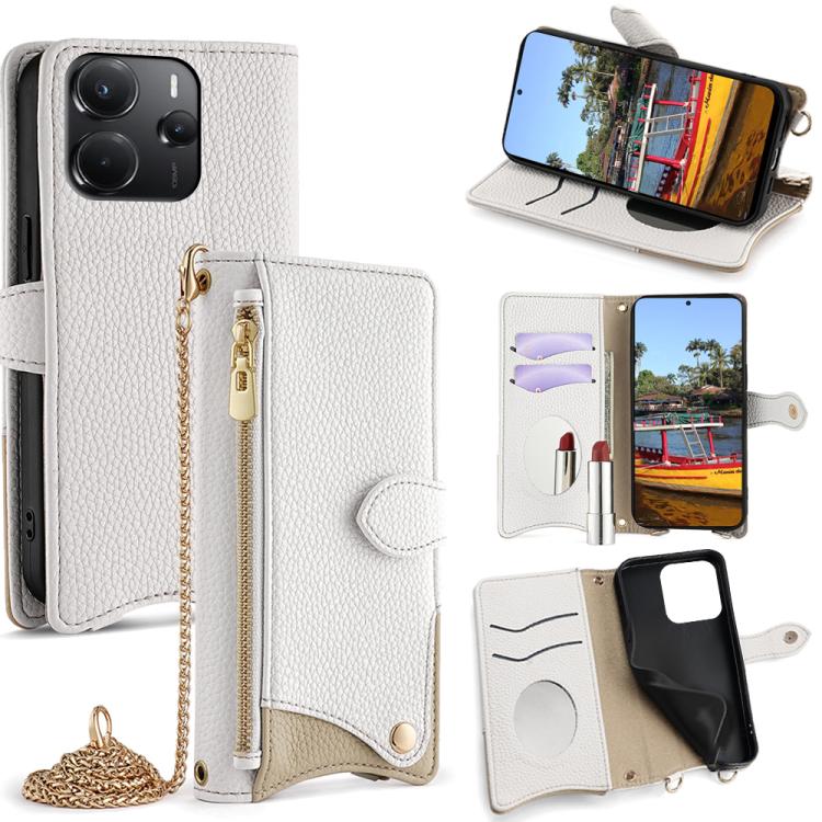 

For Redmi Note 14 4G 164.84mm Crossbody Chain Fishtail Litchi Leather Phone Case(White)