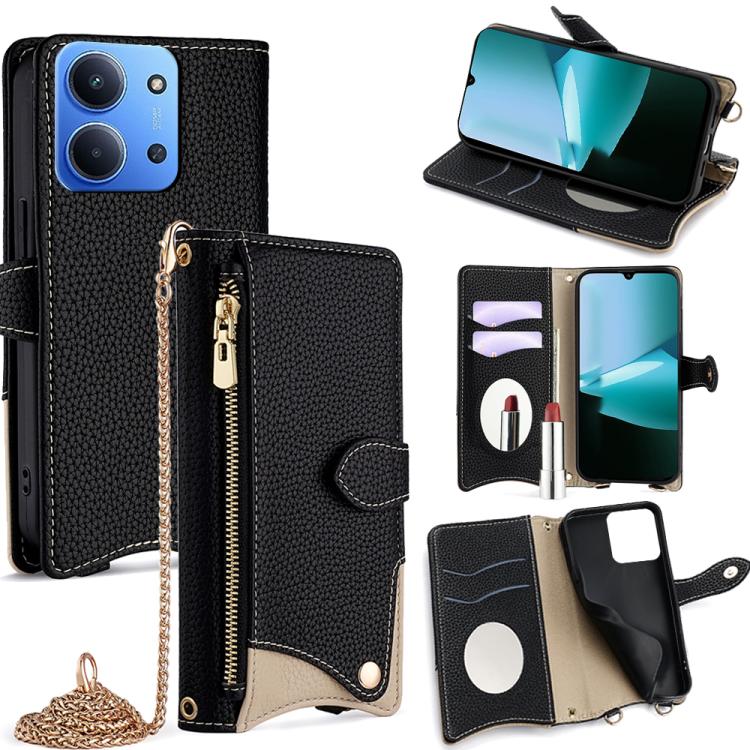 

For Redmi 15C 5G / 4G EU 173mm / Poco C85 5G Crossbody Chain Fishtail Litchi Leather Phone Case(Black)