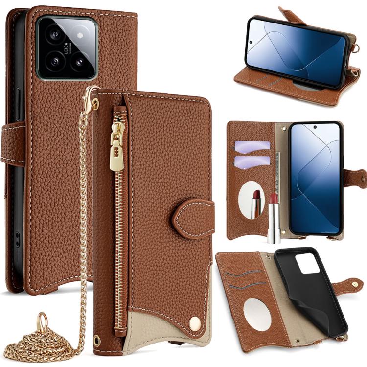 

For Xiaomi 14 Crossbody Chain Fishtail Litchi Leather Phone Case(Brown)