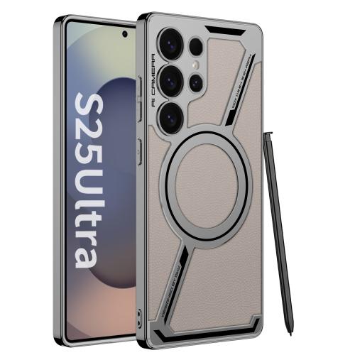 

For Samsung Galaxy S25 Ultra 5G GKK Electroplating Leather Z-Shape MagSafe Phone Case, Not Included Pen(Titanium Gray)