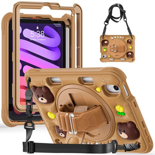 

For iPad mini 2024 / mini 6 Bear Rotation Kickstand Silicone Hybrid PC Tablet Case(Brown)