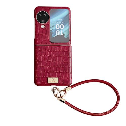 

For OPPO Find N3 Flip Crocodile Texture TPU Phone Case With Strap(Red)