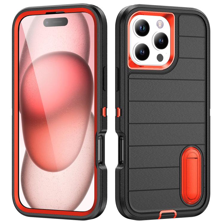 

For iPhone 16 Pro Defender Gen2 Rugged PC + Silicone Phone Case with Holder(Black+Orange)