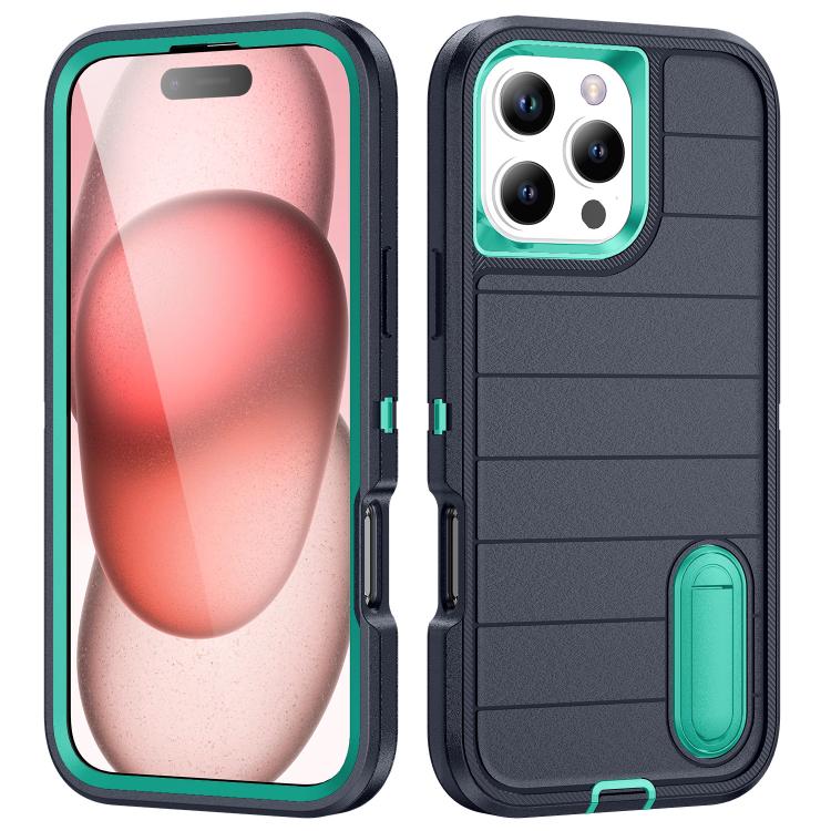 

For iPhone 16 Pro Defender Gen2 Rugged PC + Silicone Phone Case with Holder(Dark Blue+Cyan)