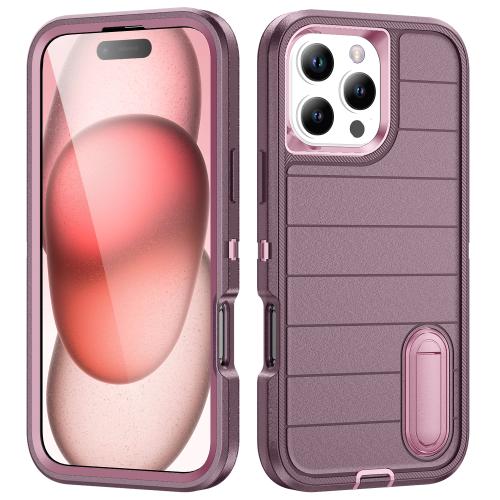 

For iPhone 16 Pro Defender Gen2 Rugged PC + Silicone Phone Case with Holder(Purple+Light Pink)