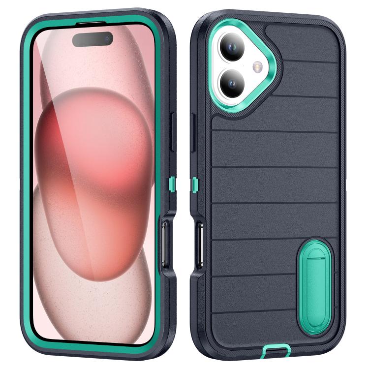 

For iPhone 16 Plus Defender Gen2 Rugged PC + Silicone Phone Case with Holder(Dark Blue+Cyan)