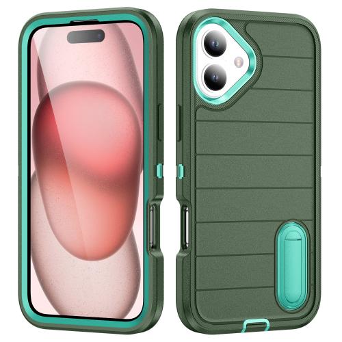 

For iPhone 16 Defender Gen2 Rugged PC + Silicone Phone Case with Holder(Dark Green+Cyan)