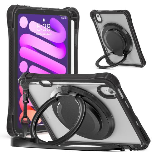 

For iPad mini 2024 / mini 6 Rotation Ring Handle TPU Hybrid Clear PC Tablet Case(Black)