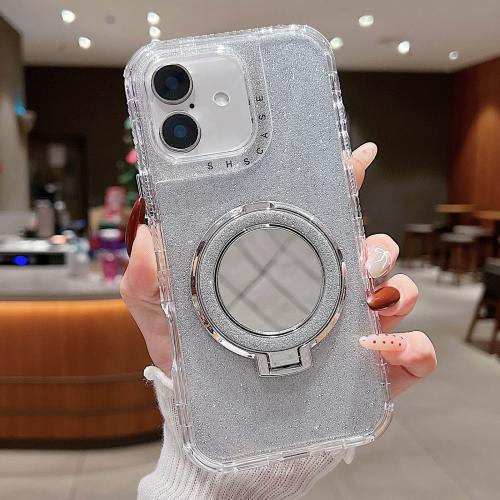 

For iPhone 16 Mirror Holder Glitterr MagSafe Phone Case(Silver)