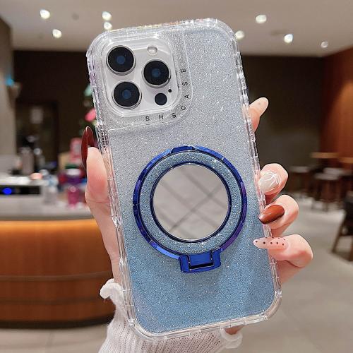 

For iPhone 15 Pro Max Mirror Holder Glitterr MagSafe Phone Case(Blue)