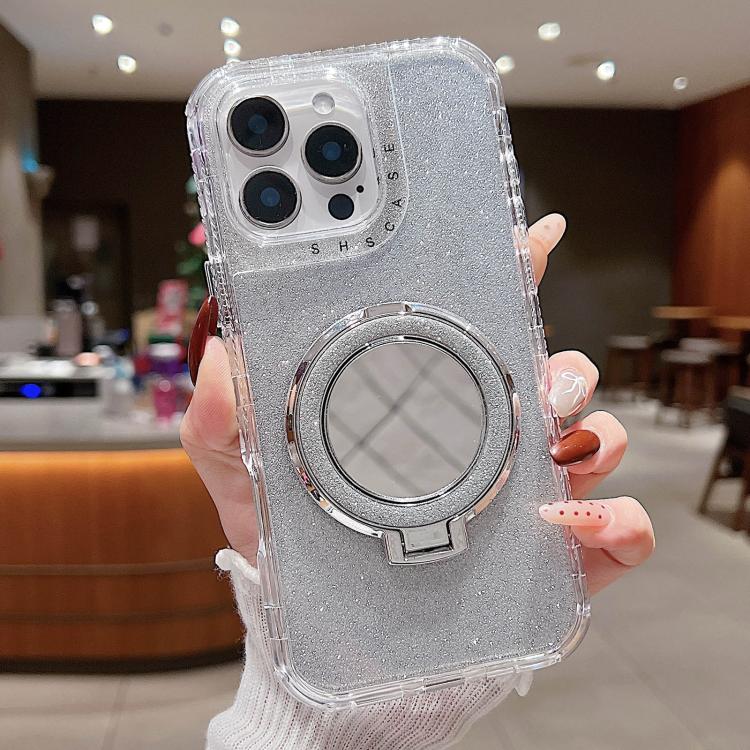 

For iPhone 15 Pro Mirror Holder Glitterr MagSafe Phone Case(Silver)