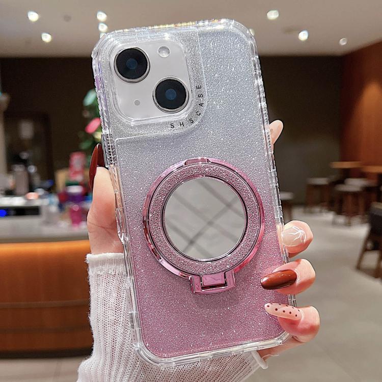 

For iPhone 15 Plus Mirror Holder Glitterr MagSafe Phone Case(Pink)