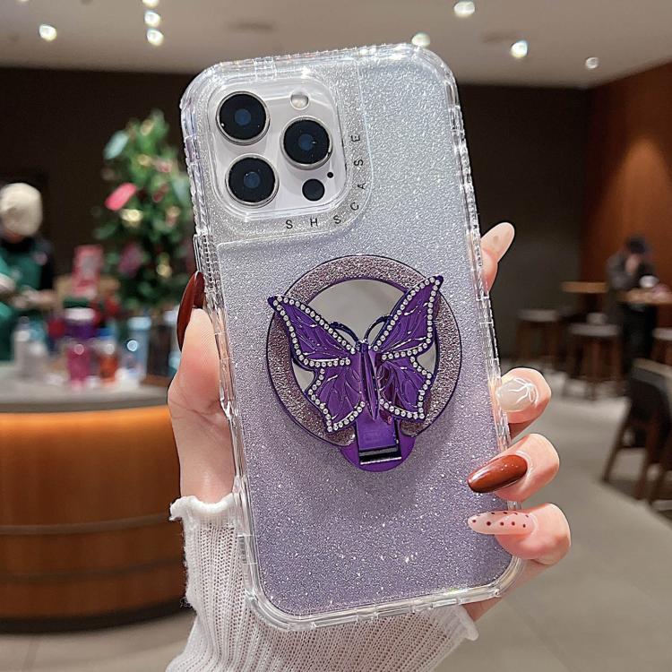 

For iPhone 16 Pro Mirror Butterfly Holder Glitterr MagSafe Phone Case(Purple)