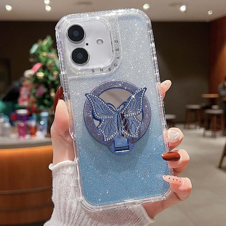

For iPhone 16 Plus Mirror Butterfly Holder Glitterr MagSafe Phone Case(Blue)
