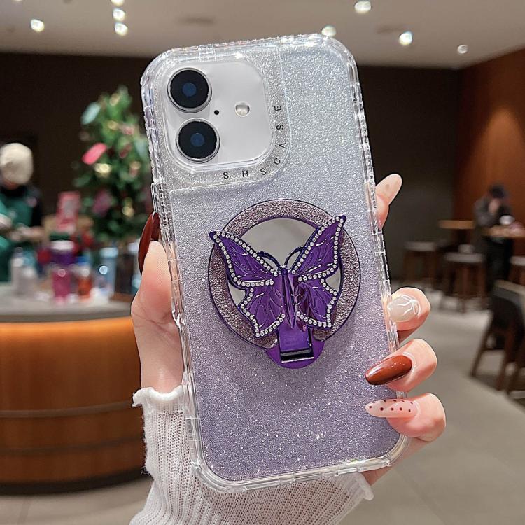 

For iPhone 16 Plus Mirror Butterfly Holder Glitterr MagSafe Phone Case(Purple)