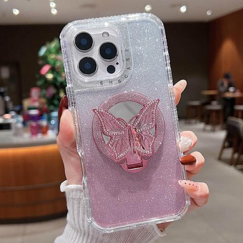 

For iPhone 15 Pro Mirror Butterfly Holder Glitterr MagSafe Phone Case(Pink)