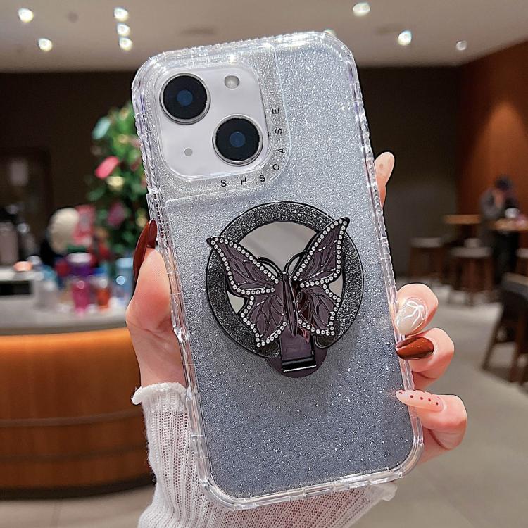 

For iPhone 15 Plus Mirror Butterfly Holder Glitterr MagSafe Phone Case(Black)