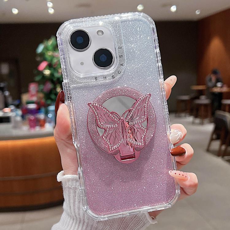 

For iPhone 15 Plus Mirror Butterfly Holder Glitterr MagSafe Phone Case(Pink)