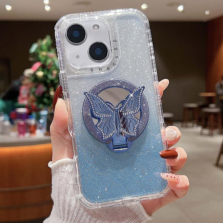 

For iPhone 15 Plus Mirror Butterfly Holder Glitterr MagSafe Phone Case(Blue)