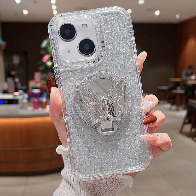 

For iPhone 15 Plus Mirror Butterfly Holder Glitterr MagSafe Phone Case(Silver)