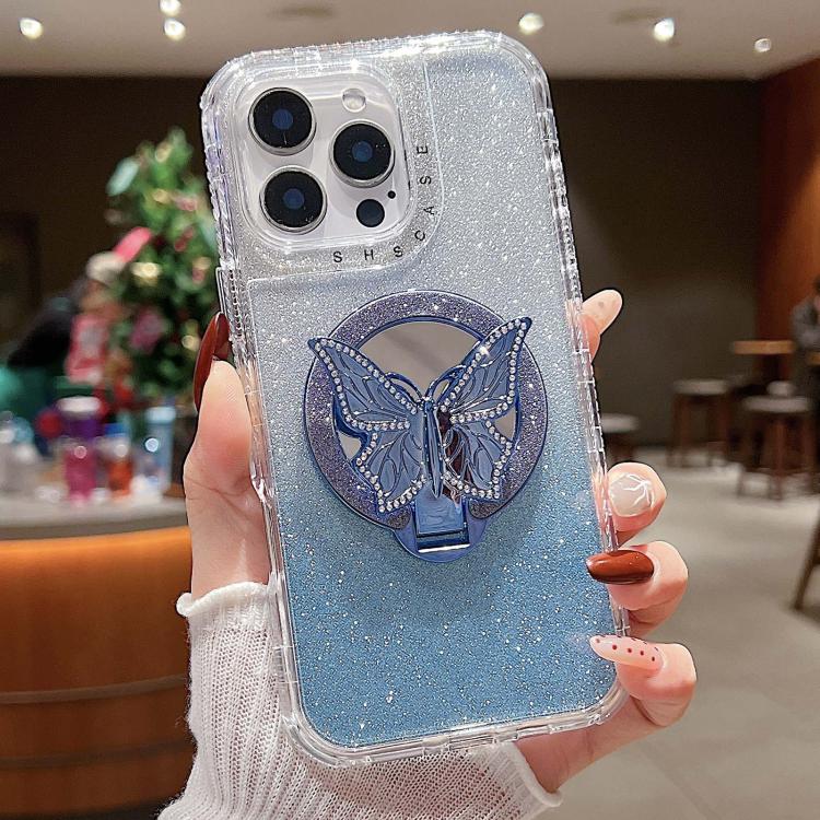 

For iPhone 13 Pro Mirror Butterfly Holder Glitterr MagSafe Phone Case(Blue)