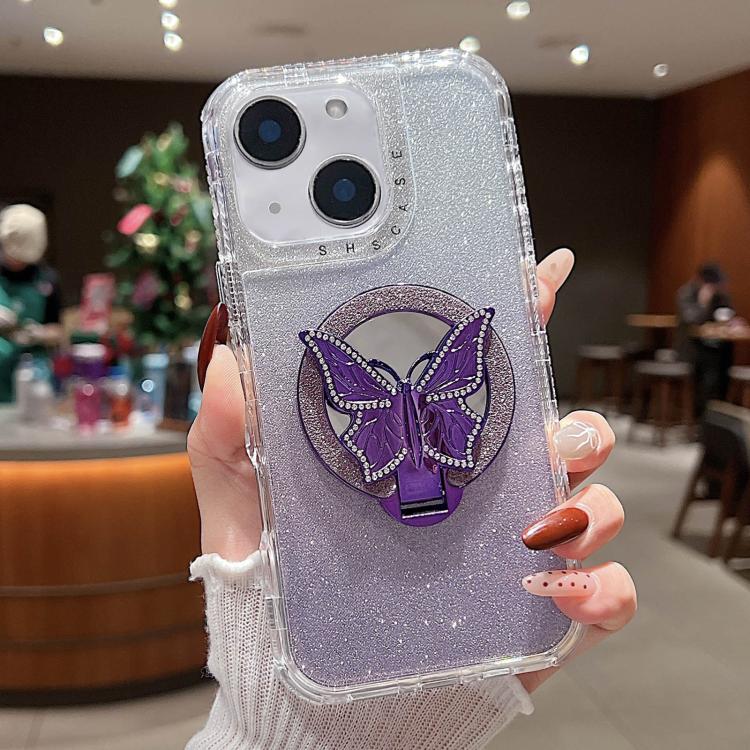 

For iPhone 13 Mirror Butterfly Holder Glitterr MagSafe Phone Case(Purple)