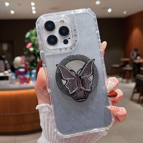 

For iPhone 12 Pro Max Mirror Butterfly Holder Glitterr MagSafe Phone Case(Black)