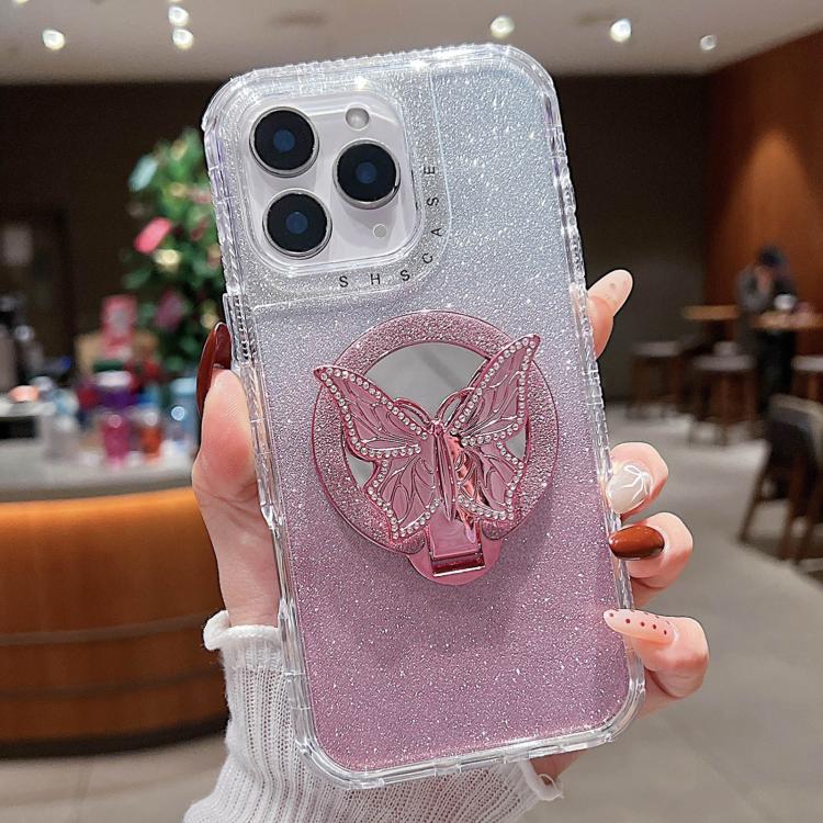 

For iPhone 11 Pro Max Mirror Butterfly Holder Glitterr MagSafe Phone Case(Pink)