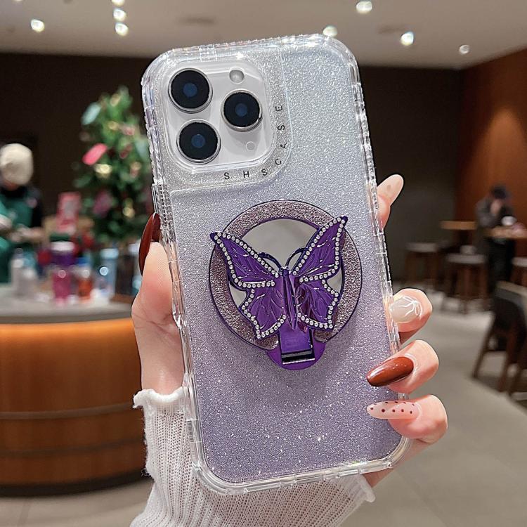 

For iPhone 11 Pro Max Mirror Butterfly Holder Glitterr MagSafe Phone Case(Purple)