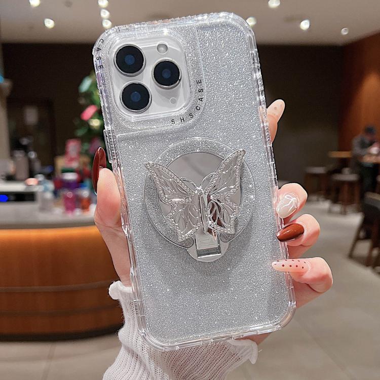 

For iPhone 11 Pro Max Mirror Butterfly Holder Glitterr MagSafe Phone Case(Silver)