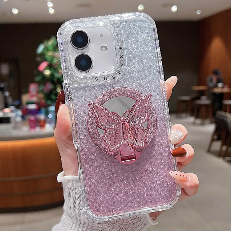 

For iPhone 11 Mirror Butterfly Holder Glitterr MagSafe Phone Case(Pink)