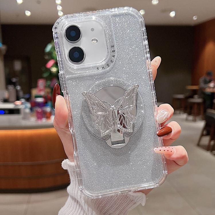 

For iPhone 11 Mirror Butterfly Holder Glitterr MagSafe Phone Case(Silver)