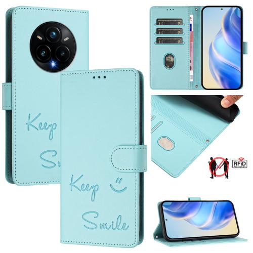 

For Realme 14 Pro+ 5G Smile Embossing RFID Leather Phone Case(Mint Green)