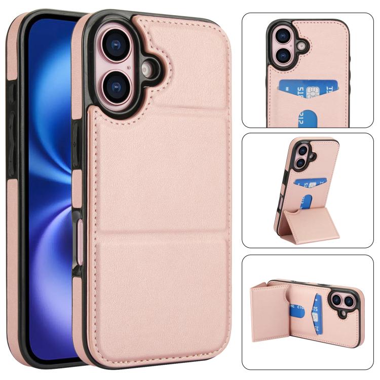 

For iPhone 16 Tri-fold Holder Leather Phone Case with Card Slot(Rose Gold)