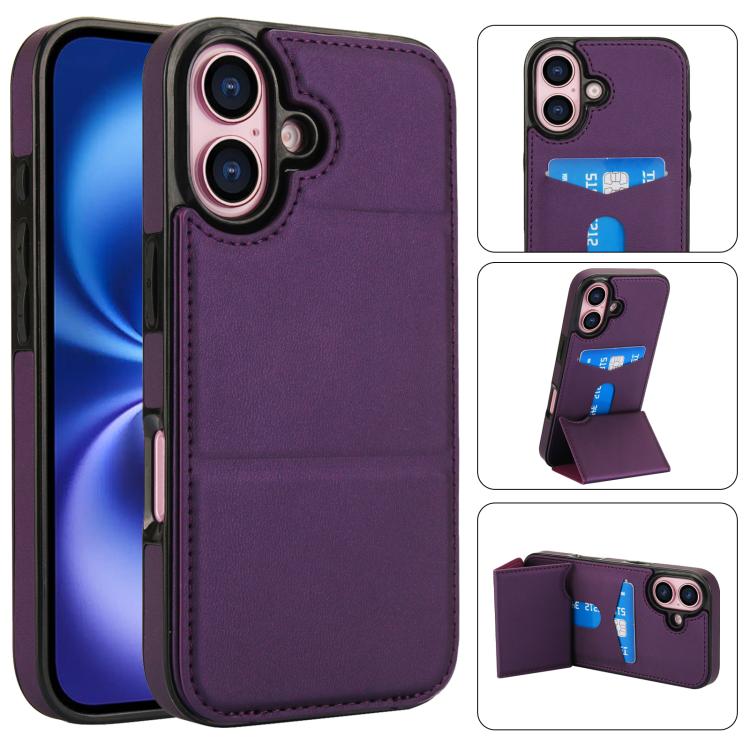 

For iPhone 16 Tri-fold Holder Leather Phone Case with Card Slot(Dark Purple)