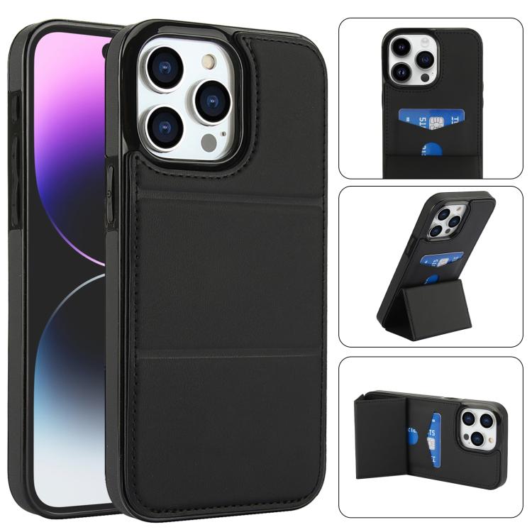 

For iPhone 15 Pro Tri-fold Holder Leather Phone Case with Card Slot(Black)