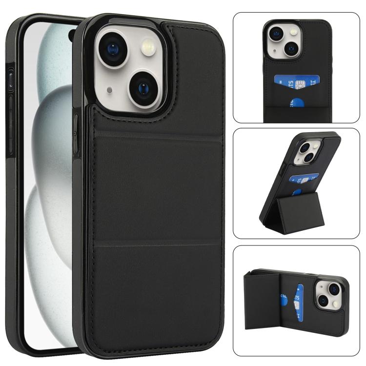 

For iPhone 15 Plus Tri-fold Holder Leather Phone Case with Card Slot(Black)