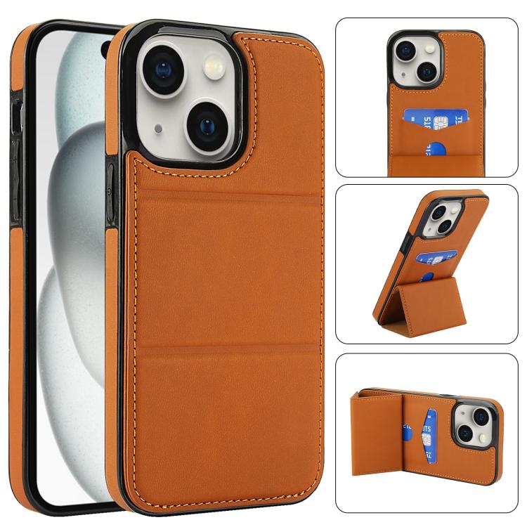 

For iPhone 15 Tri-fold Holder Leather Phone Case with Card Slot(Brown)