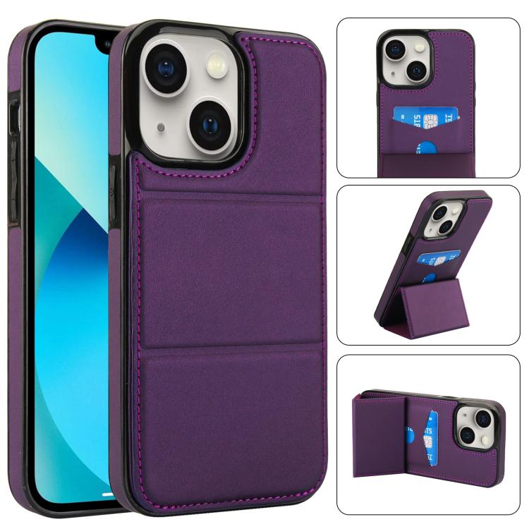 

For iPhone 13 mini Tri-fold Holder Leather Phone Case with Card Slot(Dark Purple)