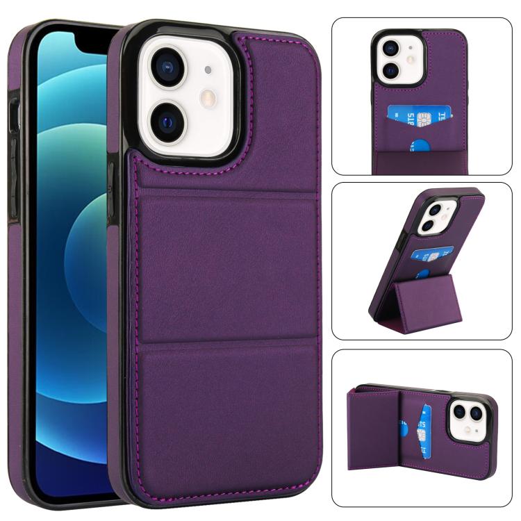 

For iPhone 12 mini Tri-fold Holder Leather Phone Case with Card Slot(Dark Purple)