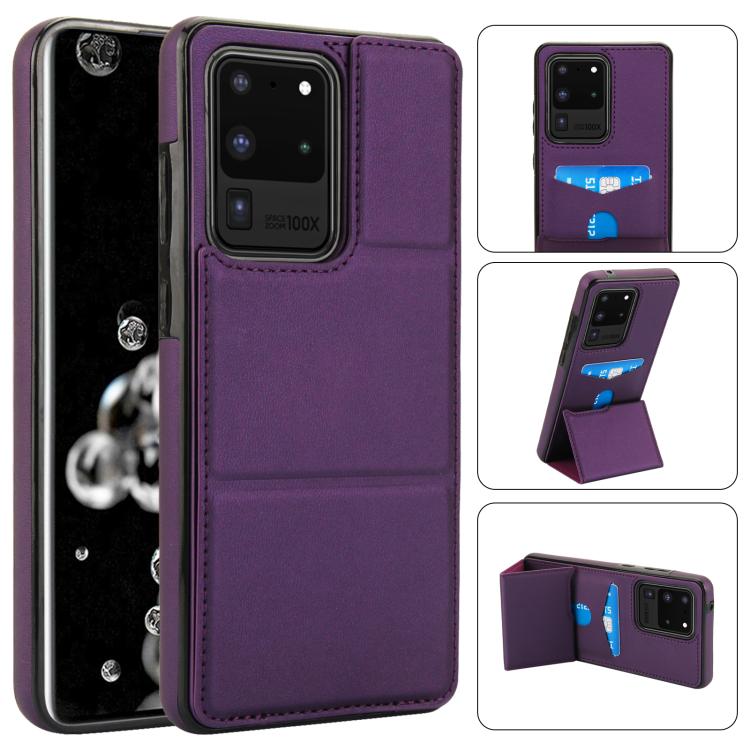 

For Samsung Galaxy S20 Ultra Tri-fold Holder Leather Phone Case with Card Slot(Dark Purple)