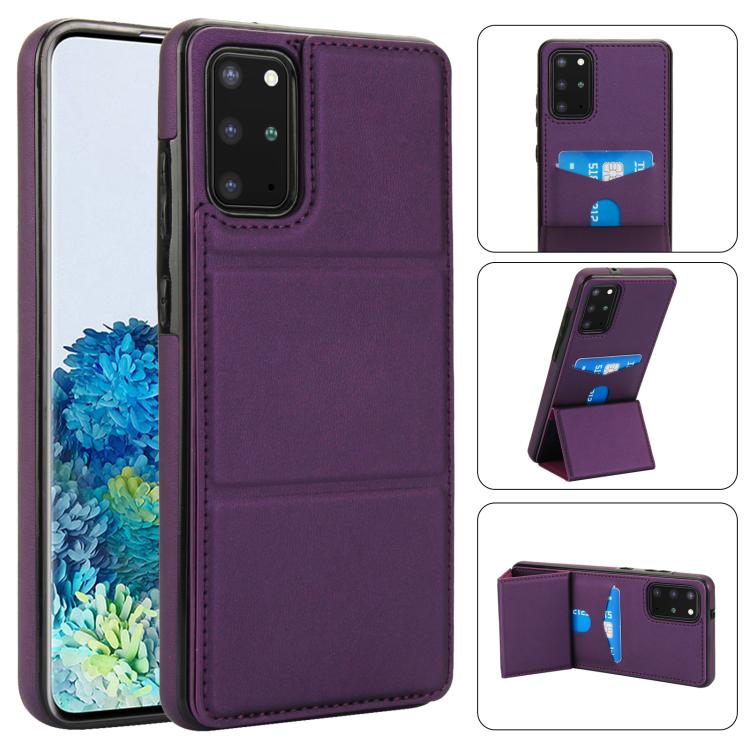 

For Samsung Galaxy S20+ Tri-fold Holder Leather Phone Case with Card Slot(Dark Purple)