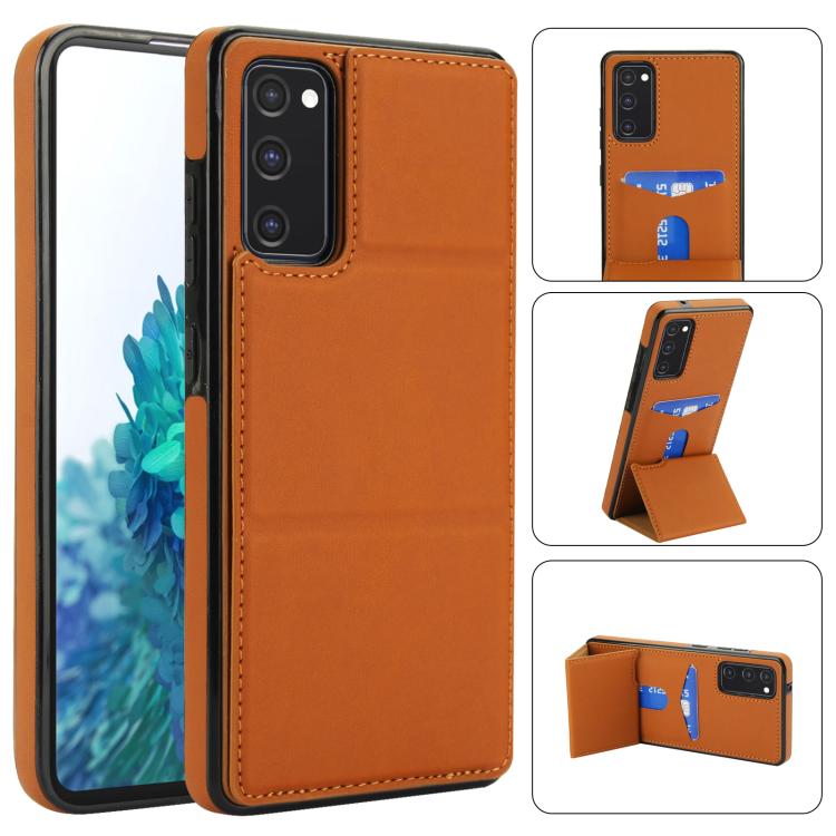 

For Samsung Galaxy S20 FE Tri-fold Holder Leather Phone Case with Card Slot(Brown)