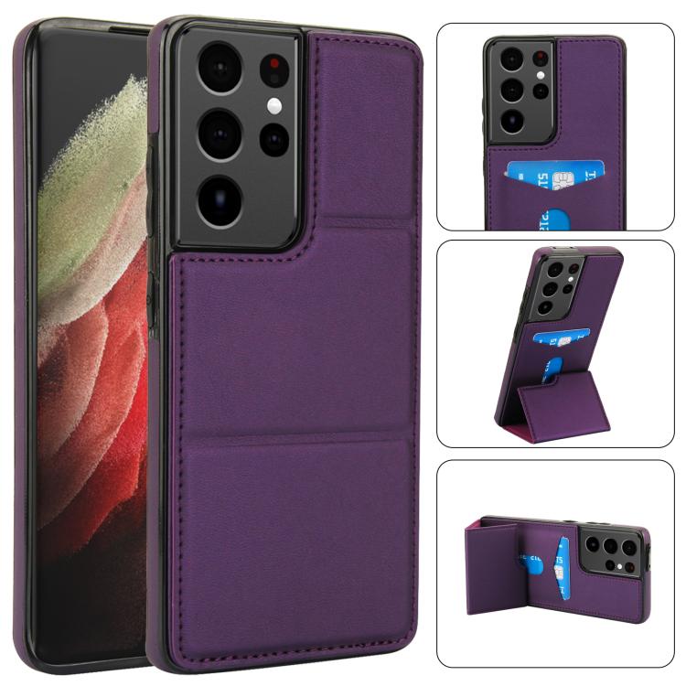 

For Samsung Galaxy S21 Ultra 5G Tri-fold Holder Leather Phone Case with Card Slot(Dark Purple)
