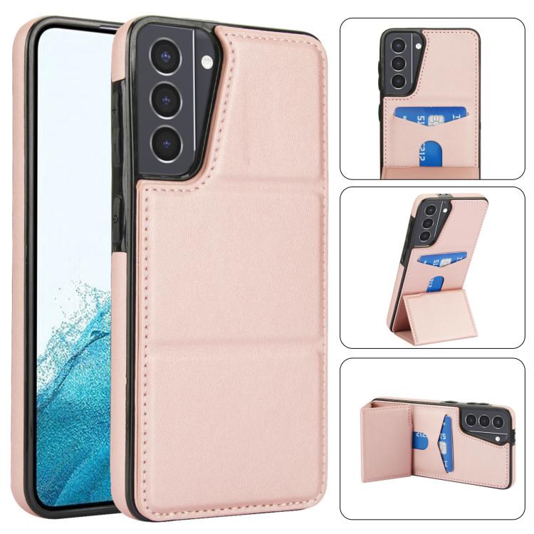 

For Samsung Galaxy S21 5G Tri-fold Holder Leather Phone Case with Card Slot(Rose Gold)
