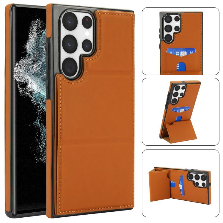 

For Samsung Galaxy S22 Ultra 5G Tri-fold Holder Leather Phone Case with Card Slot(Brown)